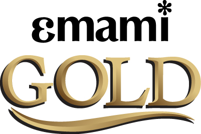 Emami GOLD logo with bold black "emami" text above large gold "GOLD" letters and a gold swoosh underline.