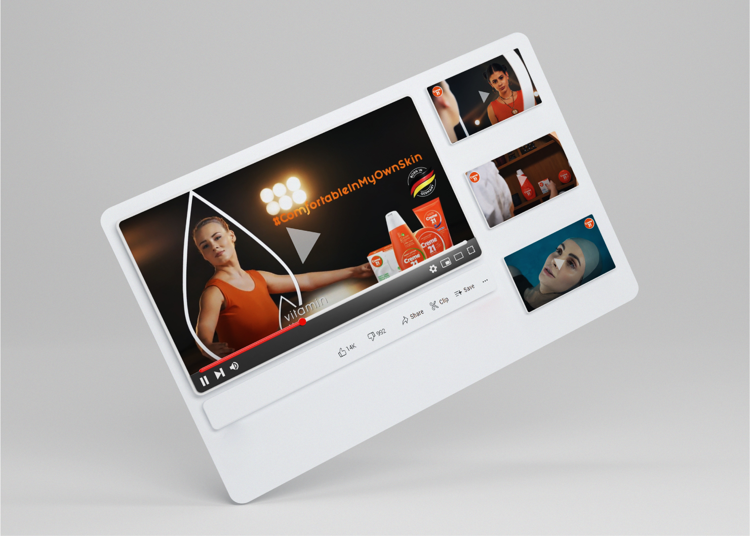 Tablet displaying video player interface with Creme 21 skincare content and multiple related video thumbnails.