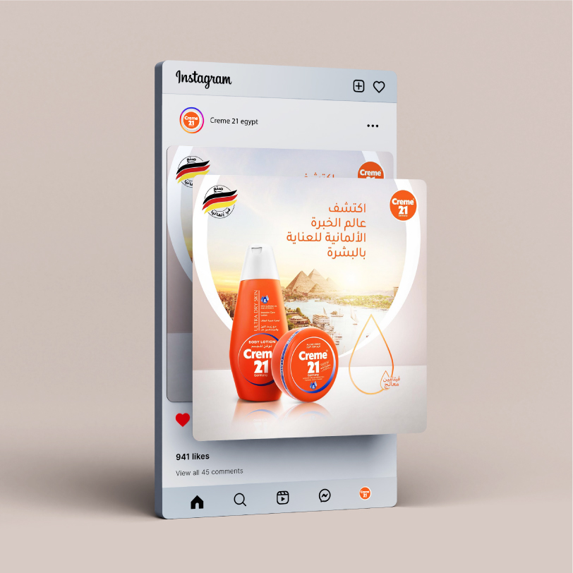 Instagram post mockup showing Creme 21 Egypt skincare products with Arabic text and Egyptian pyramid imagery.