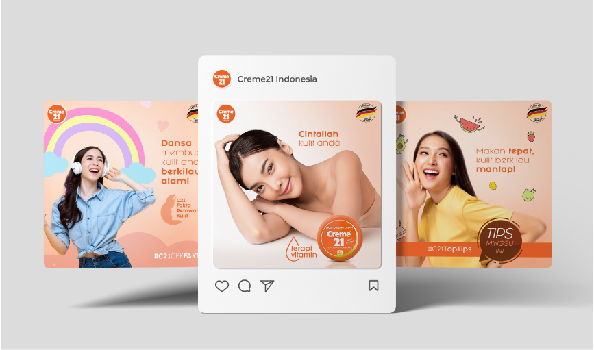 Three Creme21 Indonesia social media posts showing women with Indonesian skincare messaging and colorful design elements.
