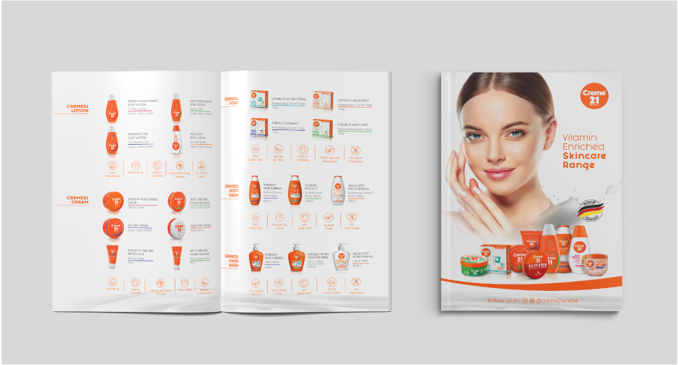 Creme 21 product brochure showing vitamin enriched skincare range with detailed product specifications and model.