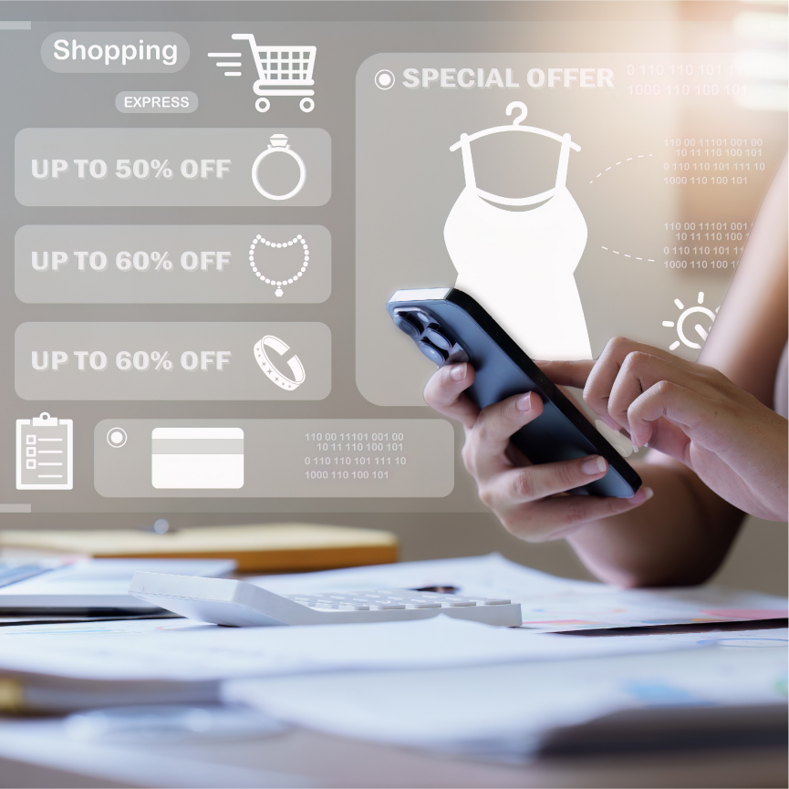 Mobile shopping app interface showing special offers and discounts overlaid on person using smartphone at desk.