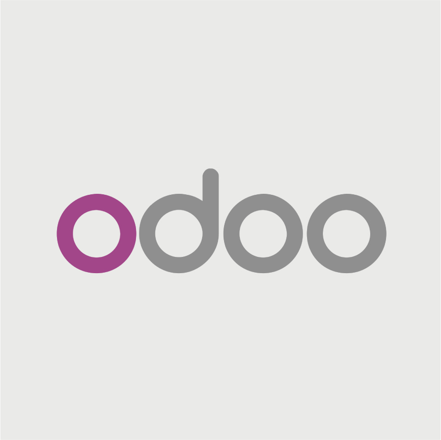 Odoo logo with purple "o" and gray "doo" text on light gray background.