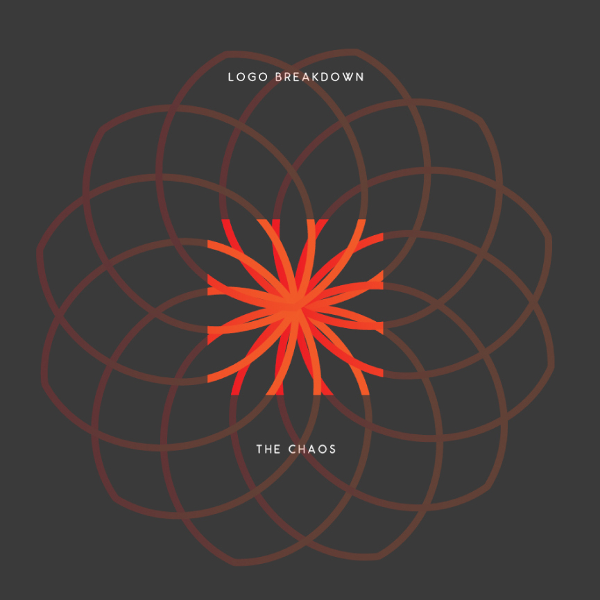 Logo breakdown design showing "The Chaos" with geometric flower pattern and radiating orange star center.