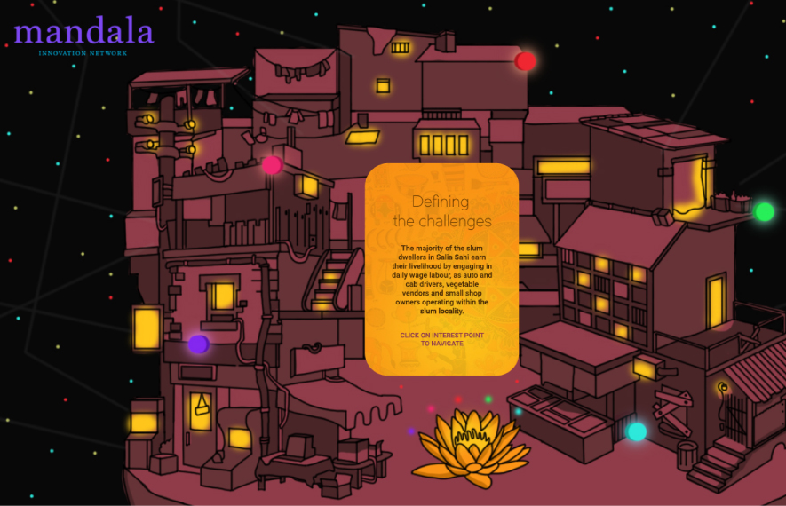 Mandala Innovation Network website showing colorful slum city illustration with "Defining the challenges" popup text.