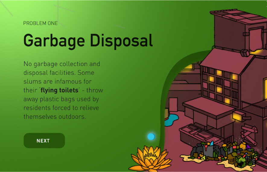 Mandala Innovation Network website showing garbage disposal problem with slum illustration and "Next" button.
