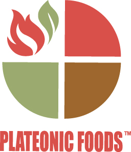 Plateonic Foods logo with a four-quadrant circle in red, green, and brown, featuring a flame symbol, and bold red text.