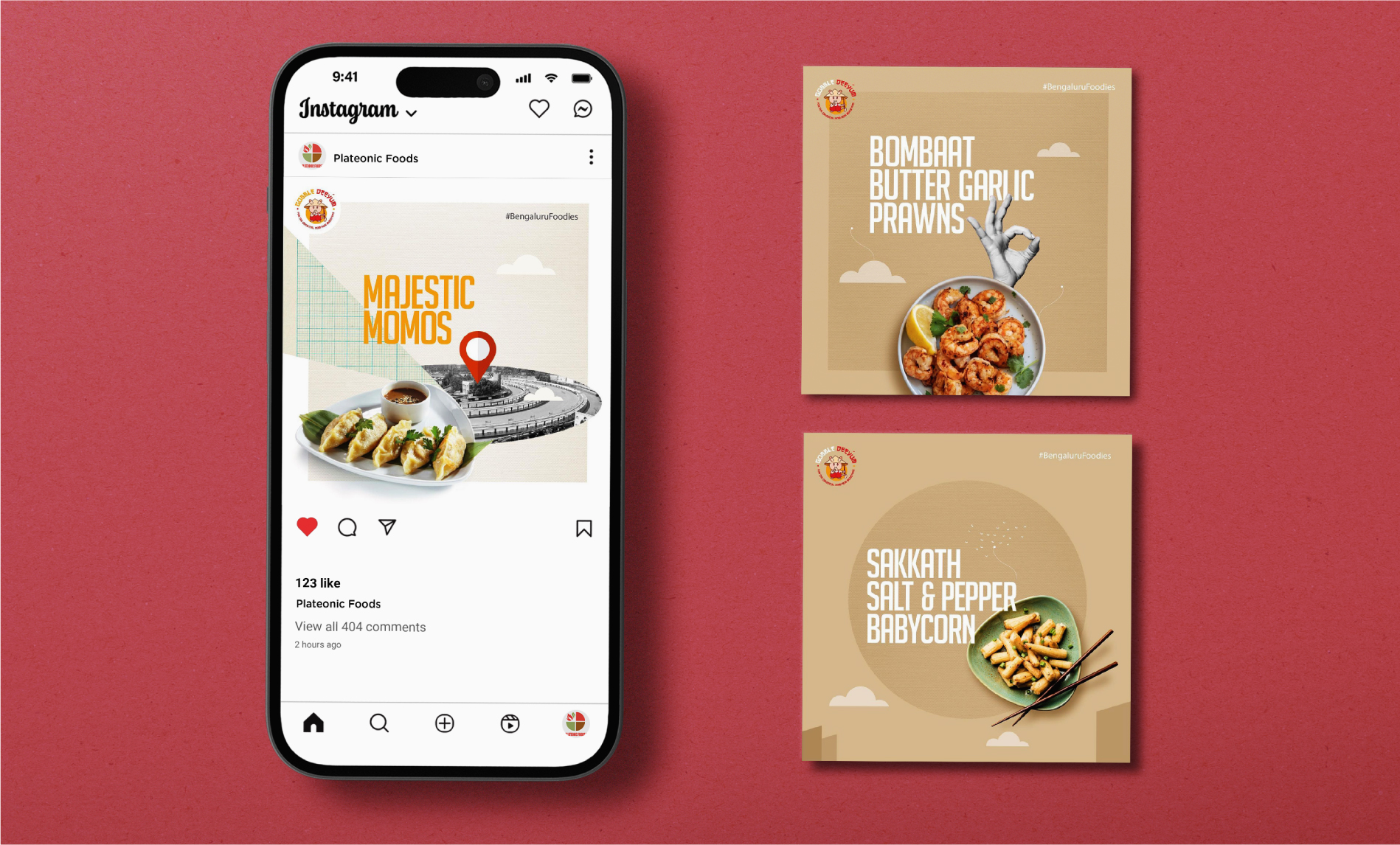 Instagram post and food cards for Plateonic Foods featuring Majestic Momos, Bombaat Butter Garlic Prawns, and Sakkath Salt & Pepper Babycorn.