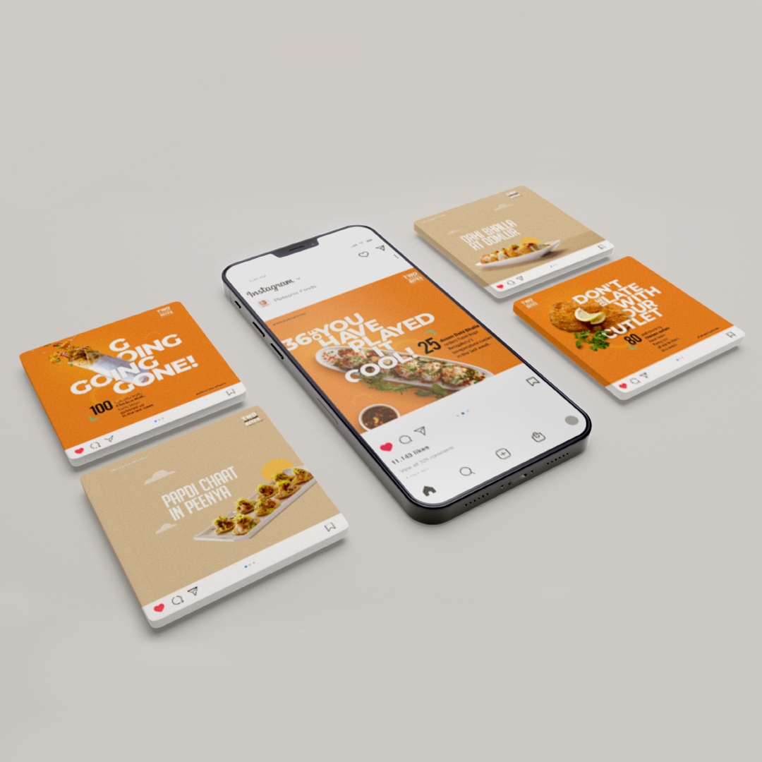 Instagram food posts and a smartphone display with dishes like papdi chaat, all shown on orange and beige cards.