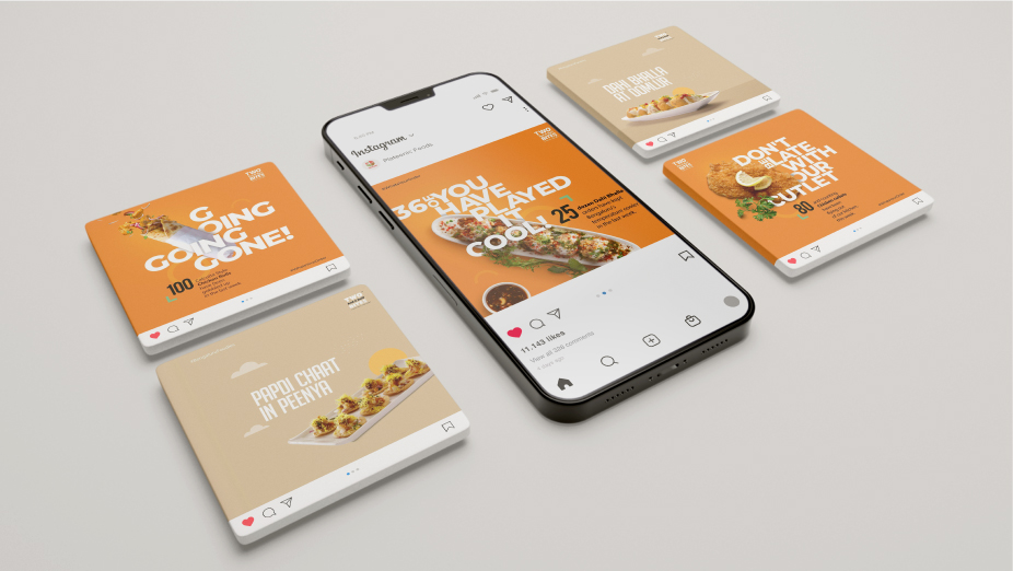 Instagram food posts and smartphone display featuring dishes like papdi chaat and cutlet on orange and beige cards.