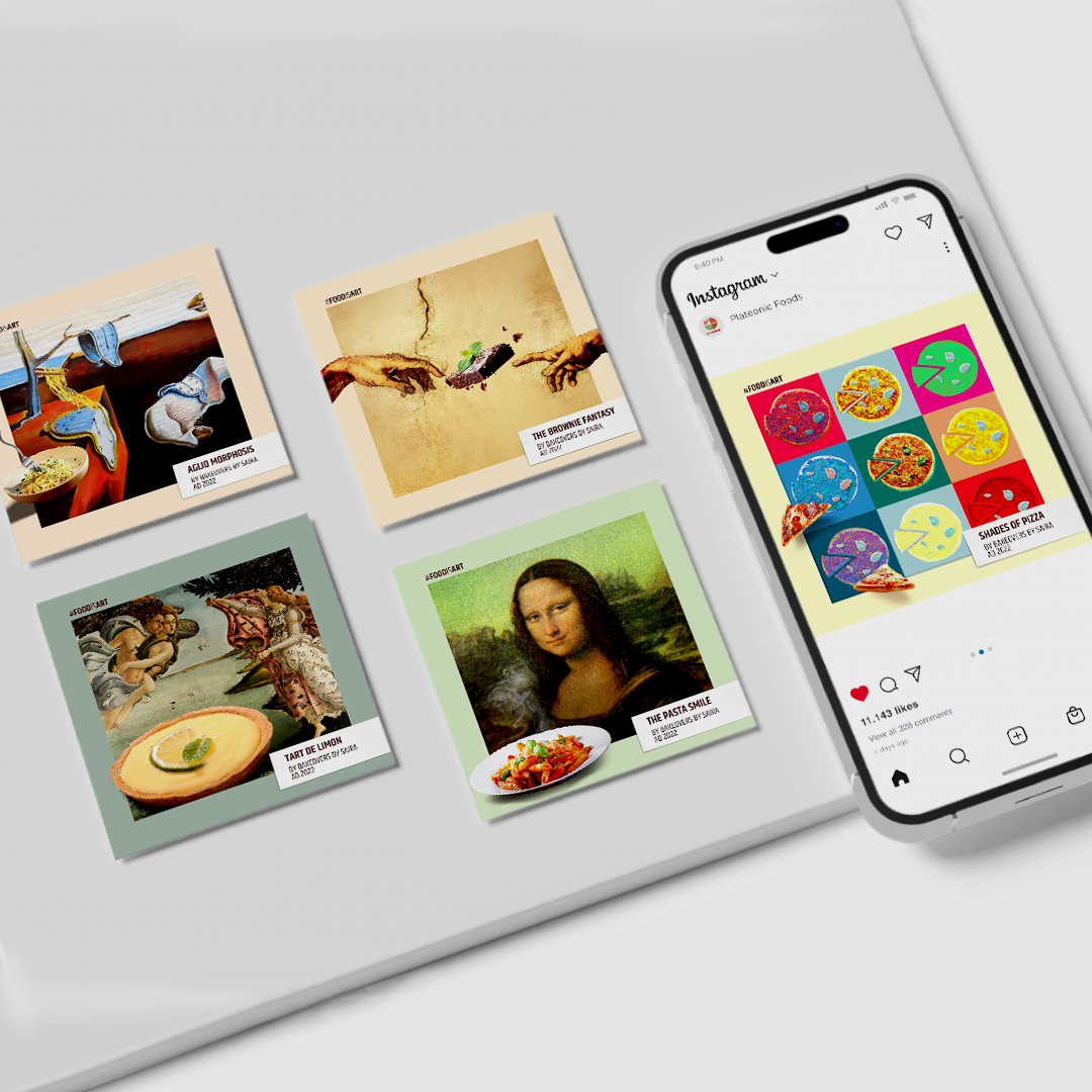 Instagram food posts inspired by famous art, including pizza art, melting clocks, and creative takes on classic masterpieces.