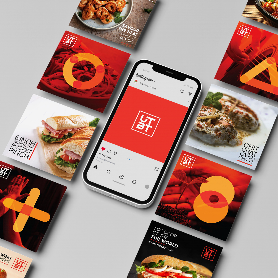 Instagram food posts and UTBT branding, showing sandwiches, chaat, prawns, and bold red and orange graphic elements around a phone.