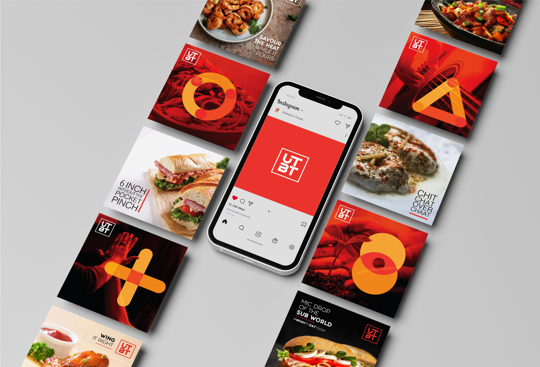 UTBT brand social media mockup showing food photos, Instagram interface, and marketing materials on gray background