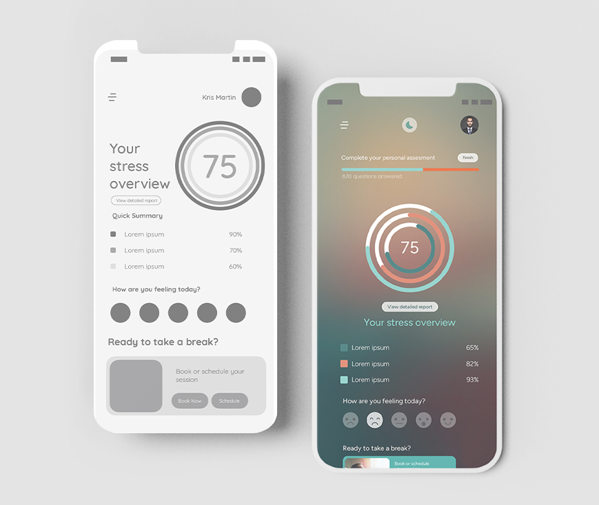 Two smartphones display a stress overview app with a score of 75, mood options, and session booking features.