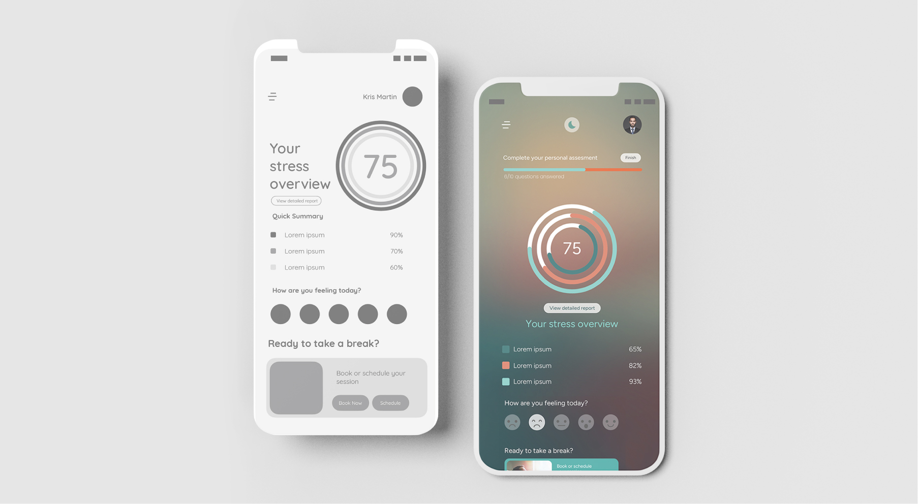 Two smartphones display a stress management app showing a score of 75, summaries, and mood selection icons.
