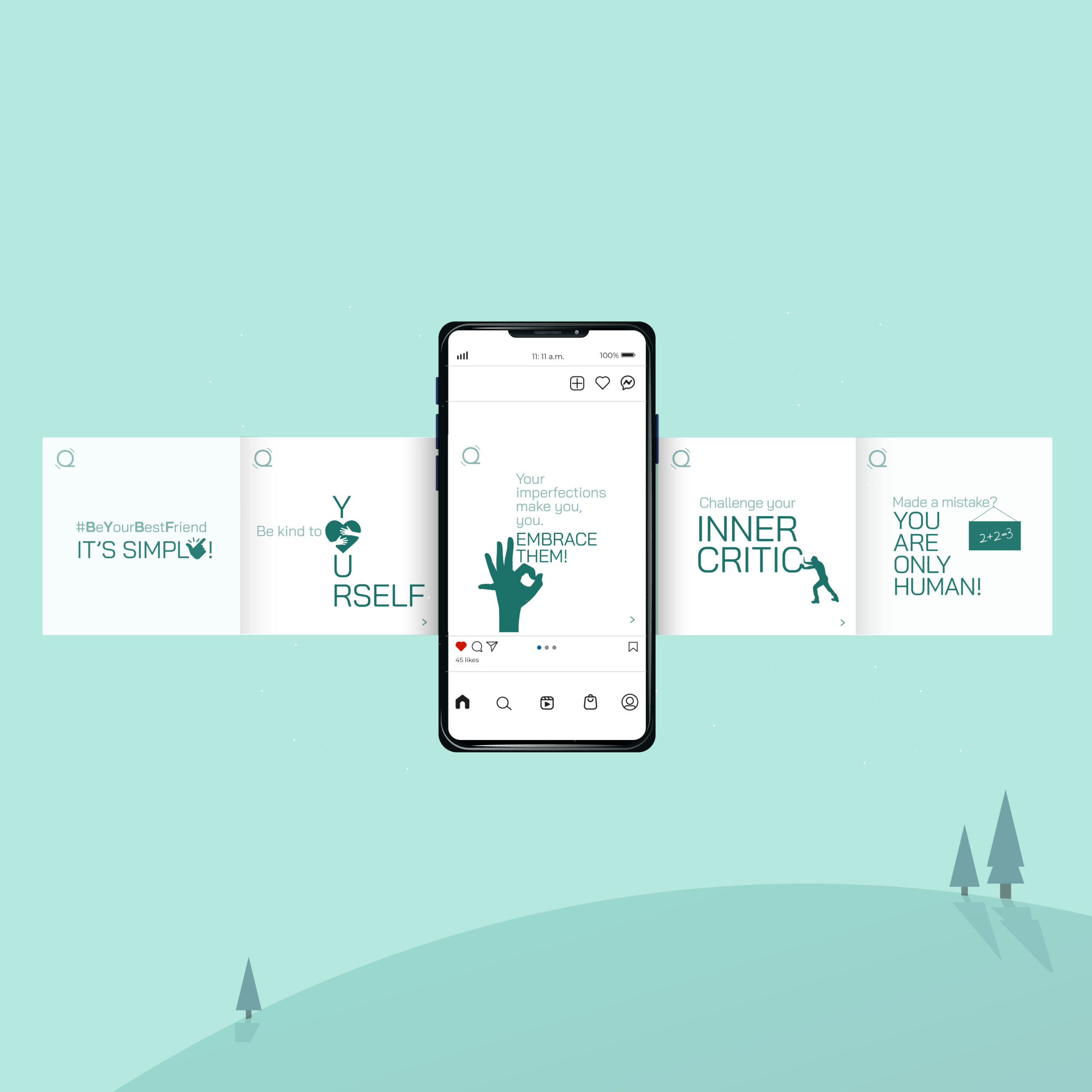 Smartphone displaying motivational messages about self-acceptance and kindness, surrounded by similar positive quote cards.