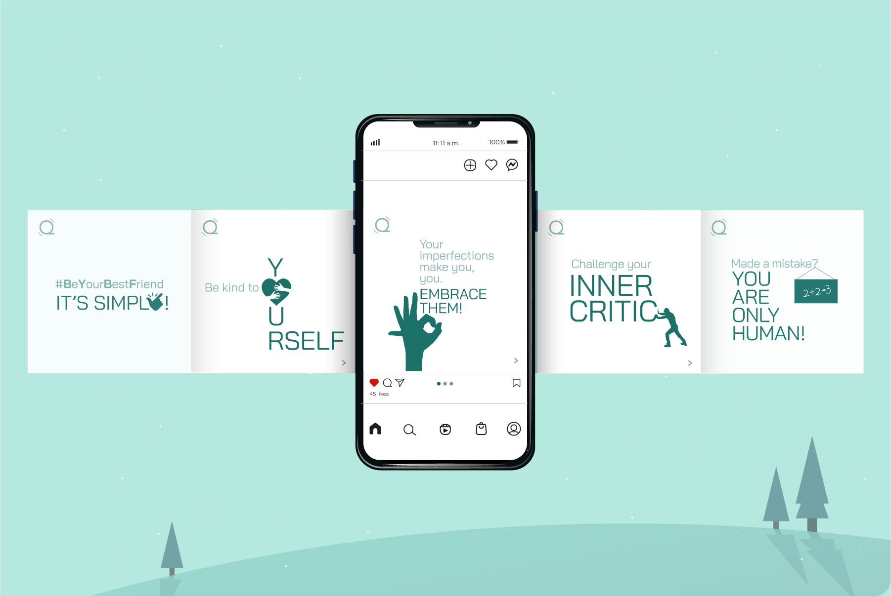 Smartphone displays motivational quotes about self-acceptance and positivity, with similar quote cards in the background.