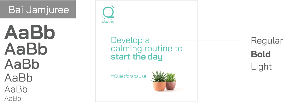 Bai Jamjuree font samples with weights and a calming routine quote for Q Studio, accented by two potted plants.