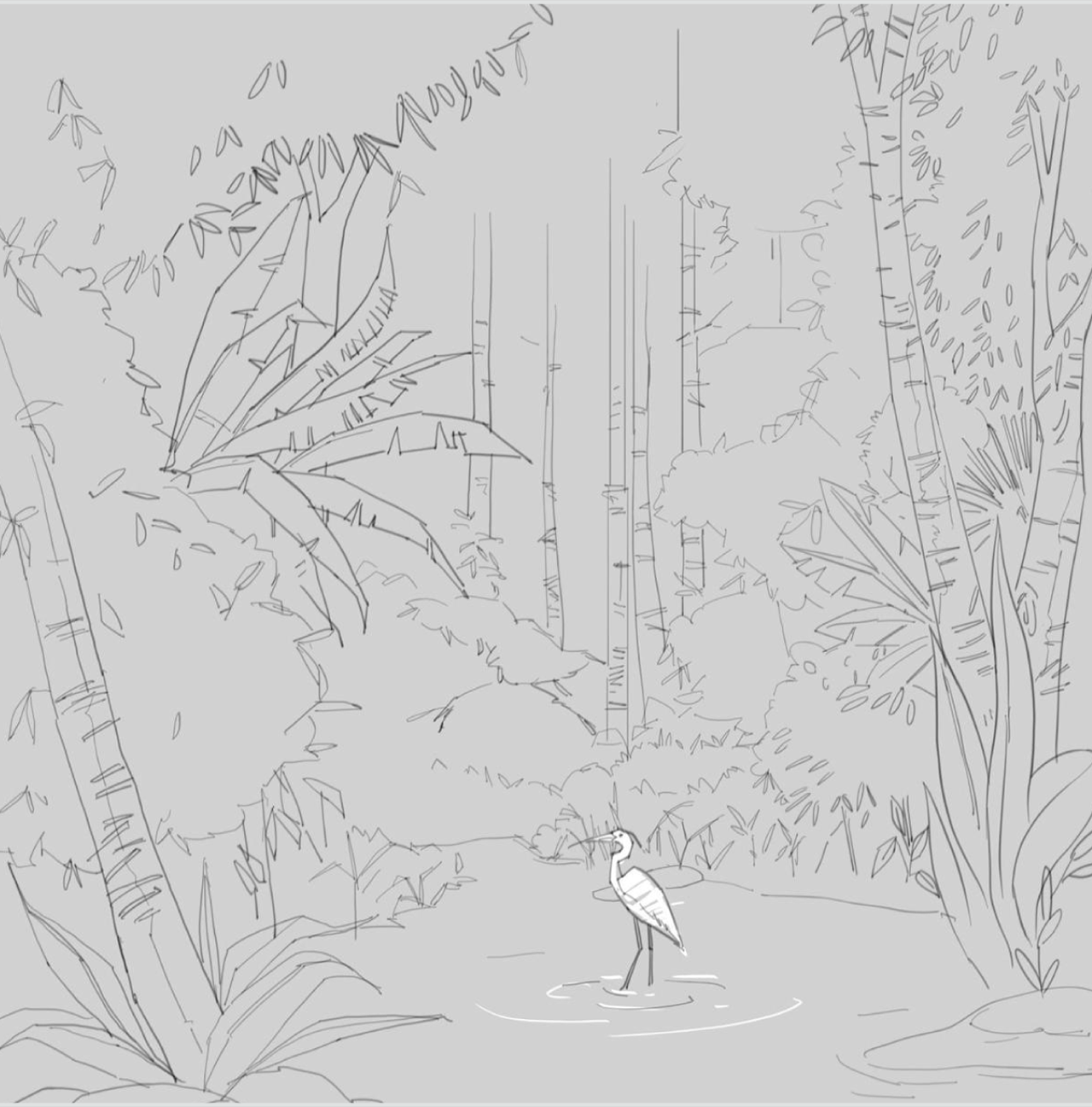 Line drawing of a dense jungle with bamboo and large leaves, featuring a bird standing in a small pond at the center.