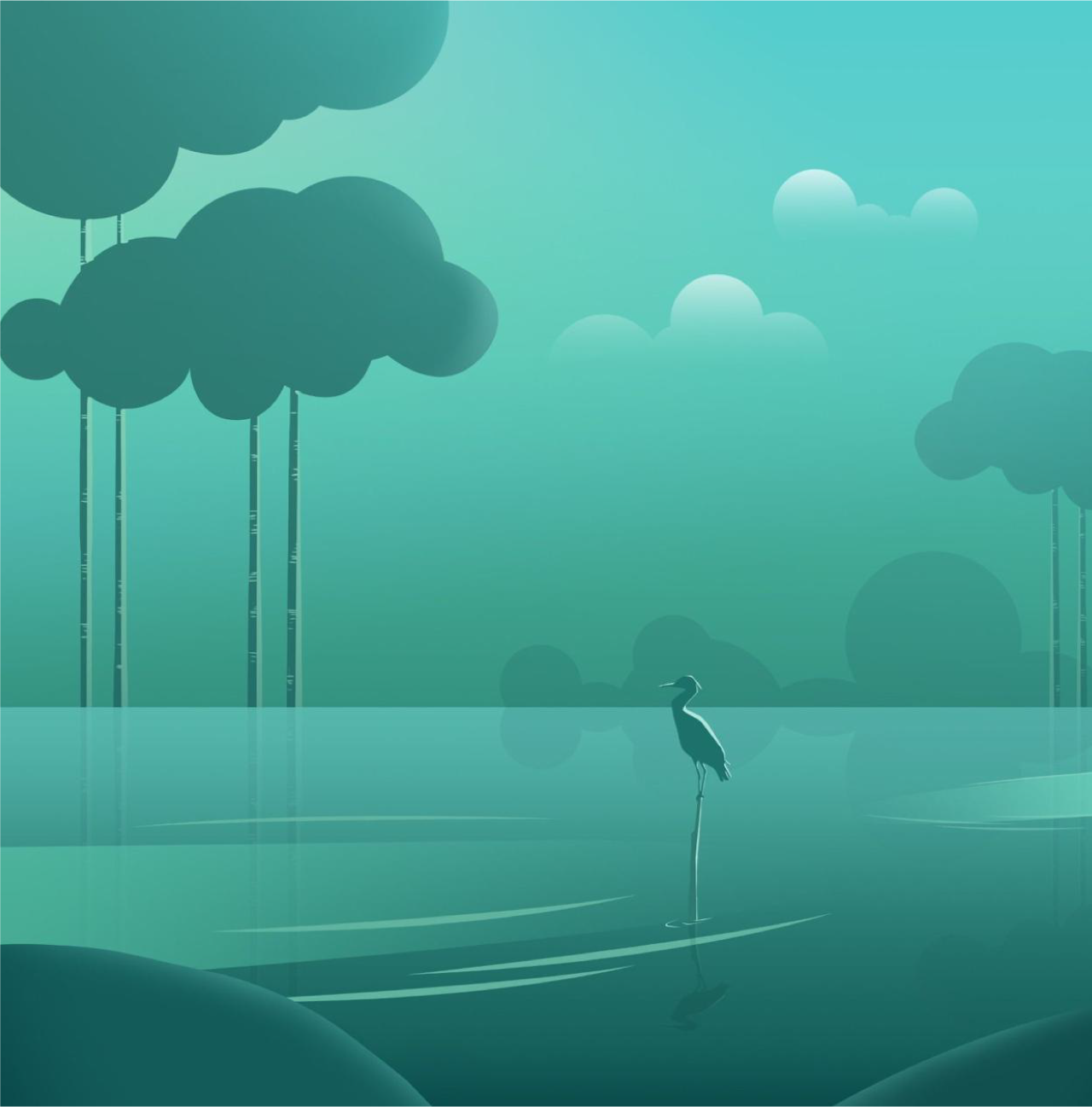 Minimalist teal landscape with bamboo, rounded trees, and a wading bird standing in calm water under a cloudy sky.