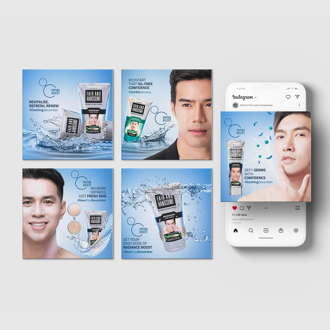 Fair and Handsome skincare campaign grid with male models, product shots, water effects, and Instagram mobile interface