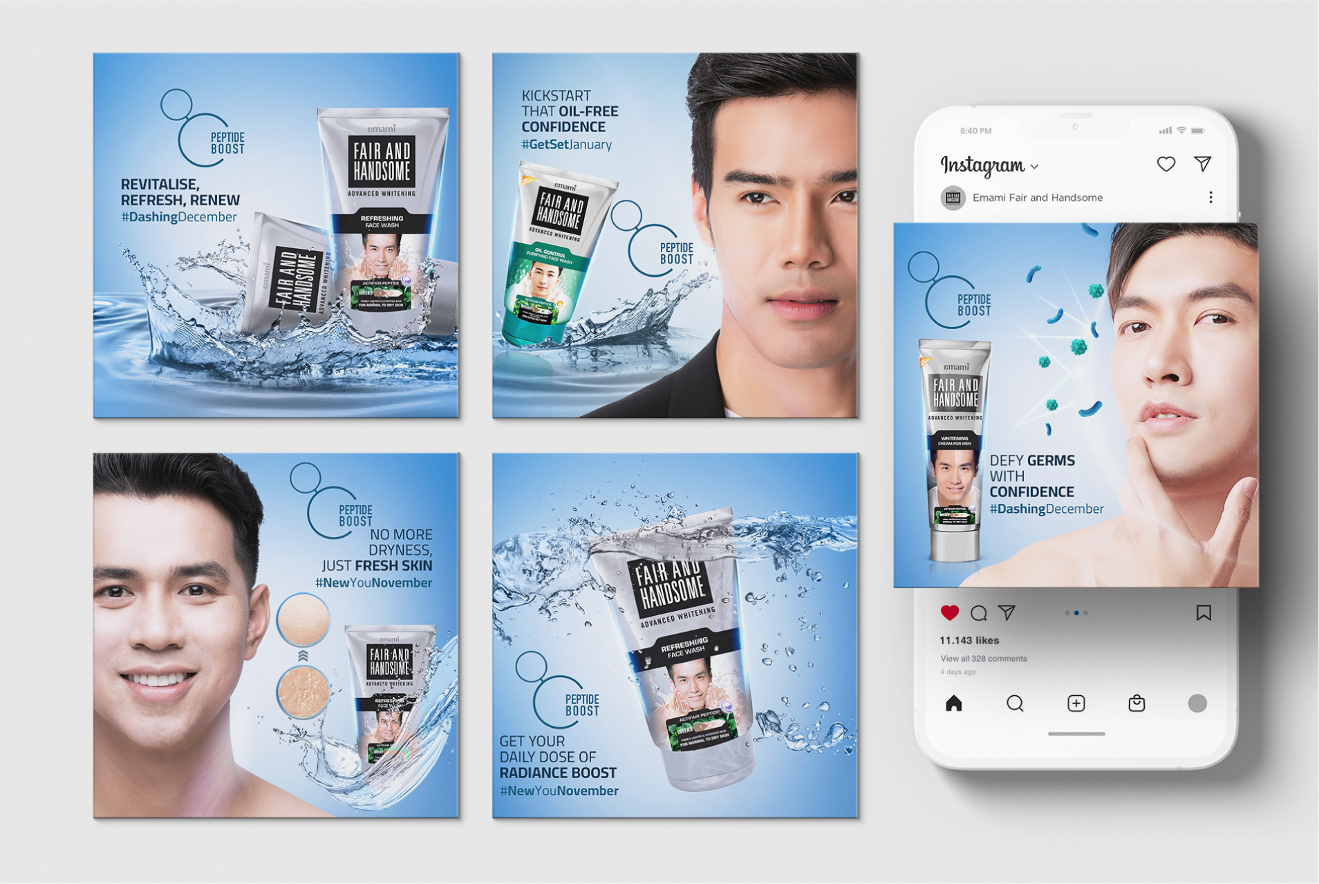 Fair and Handsome skincare campaign grid with male models, product shots, water effects, and Instagram mobile display