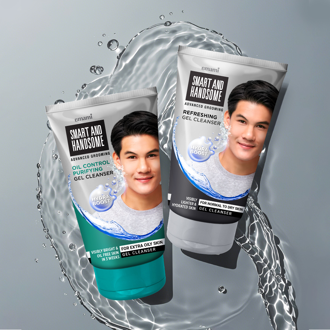 Smart and Handsome gel cleansers for oily and normal skin with dynamic water splash effects and floating droplets
