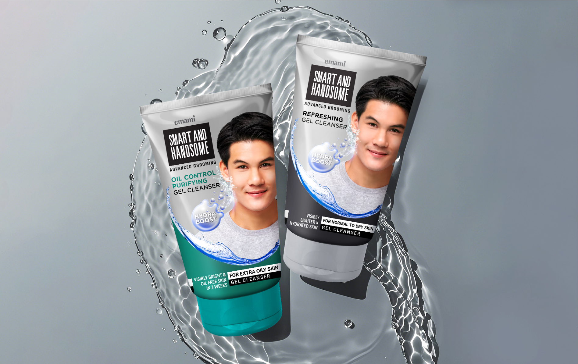 Smart and Handsome gel cleansers for oily and normal skin with dynamic water splash effects and floating droplets