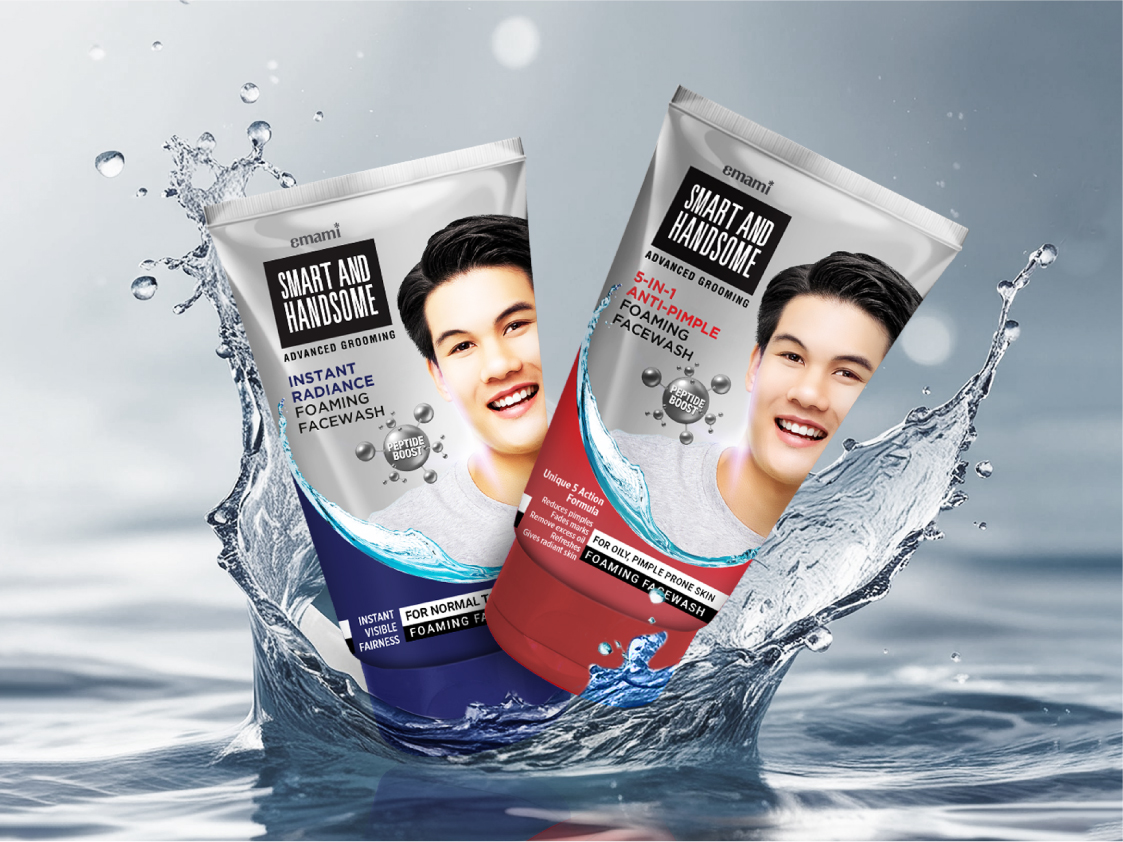 Two Emami Smart and Handsome foaming facewash tubes splashing in water: Instant Radiance and Anti-Pimple variants.