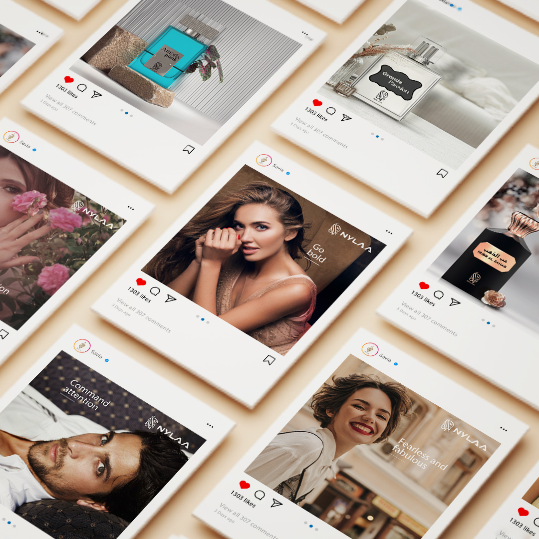 Social media feed mockup showing multiple Myla brand posts in mobile interface layout with beauty and lifestyle content.