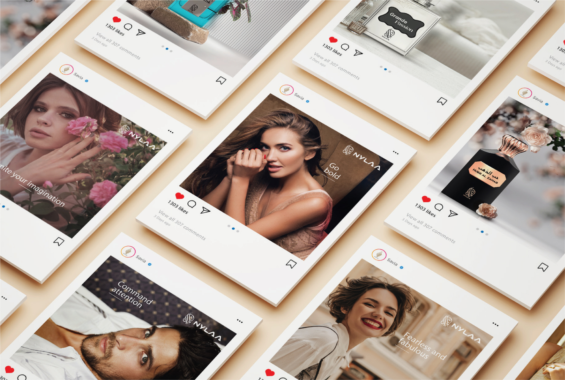 Instagram-style social media posts arranged in grid layout featuring Myla brand content with perfumes and lifestyle imagery.