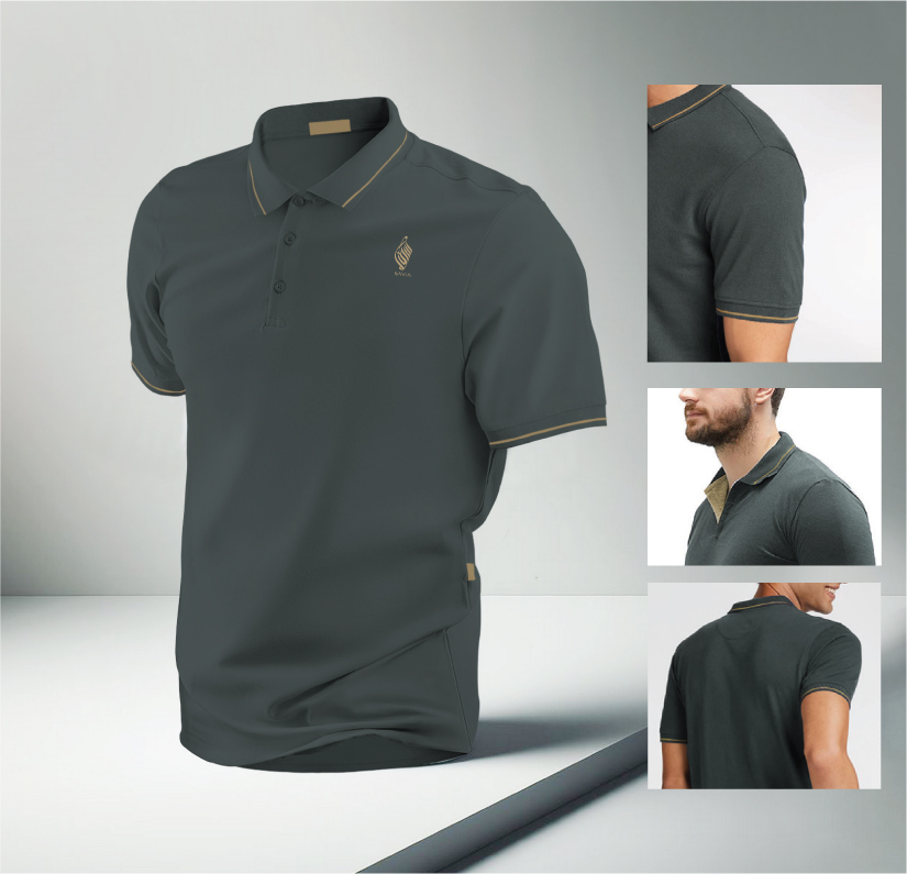Dark green polo shirt product mockup with gold trim details shown from multiple angles on model and standalone.