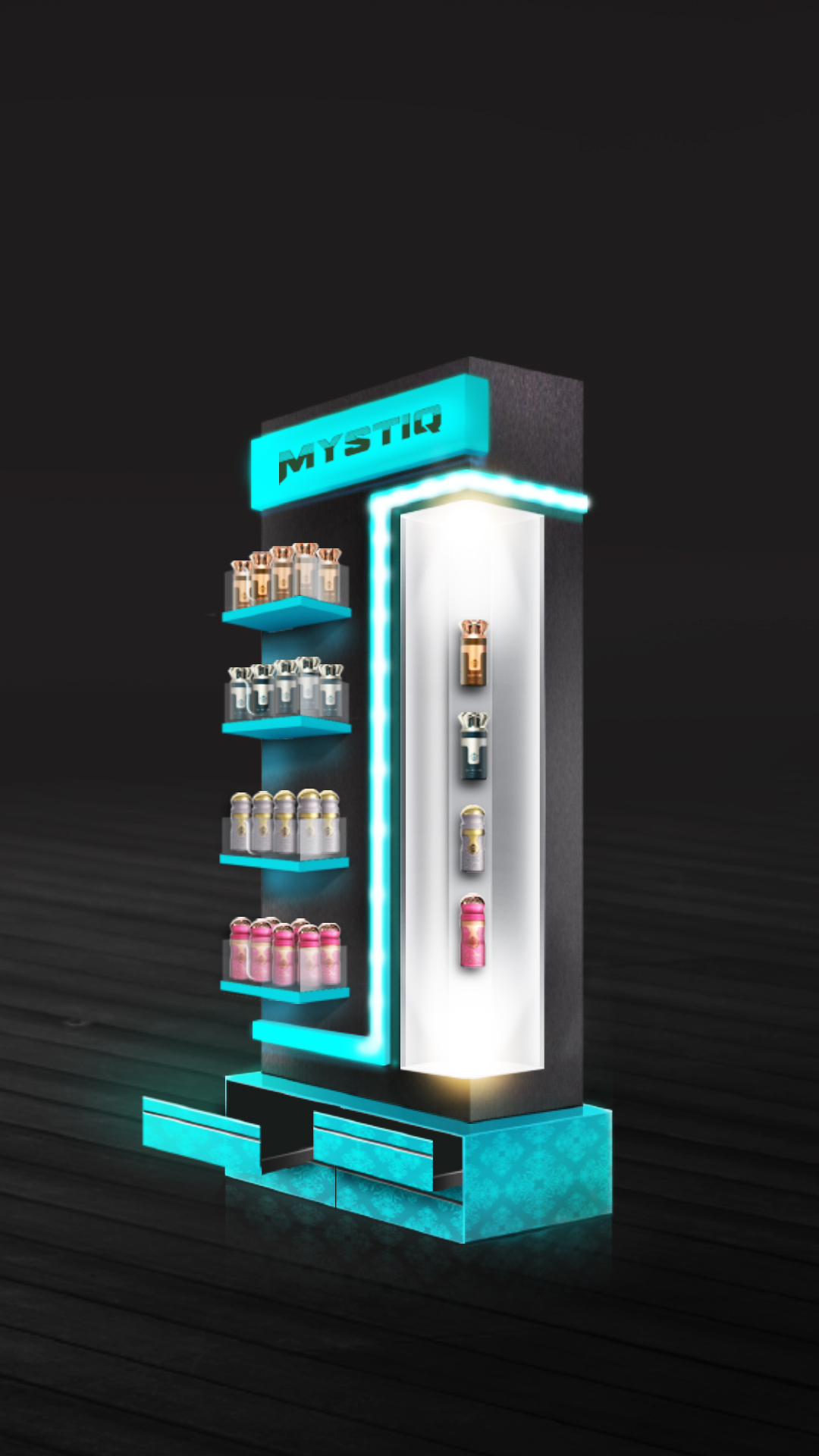 Modern Mystiq cosmetic display stand with turquoise LED lighting and tiered product shelves on dark background.