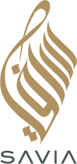 SAVIA logo featuring elegant gold curved lines in teardrop or flame shape with brand name below.