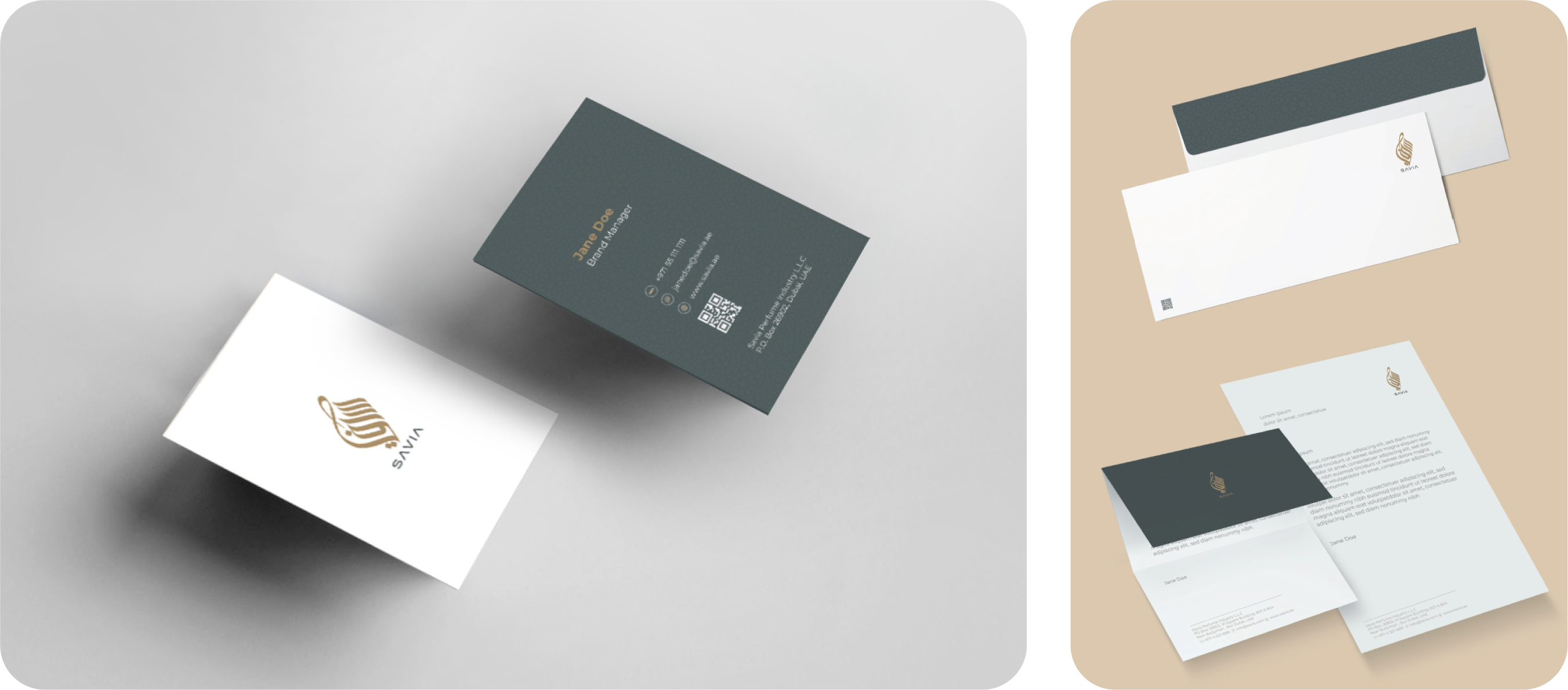 SAVIA brand identity mockup showing business cards and letterhead in gold and dark green corporate stationery set.