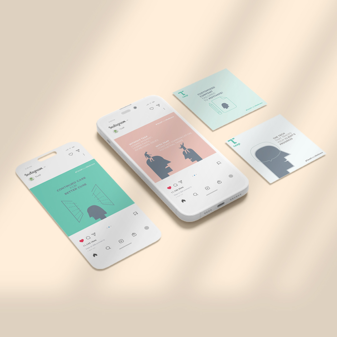Flat lay of smartphones and cards displaying minimalist Instagram mental health posts in pastel colors on a beige background.