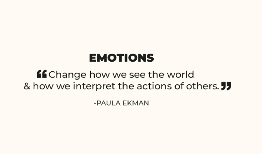 Quote image with "EMOTIONS" header and Paula Ekman quote about how emotions change our worldview and interpretation of actions.
