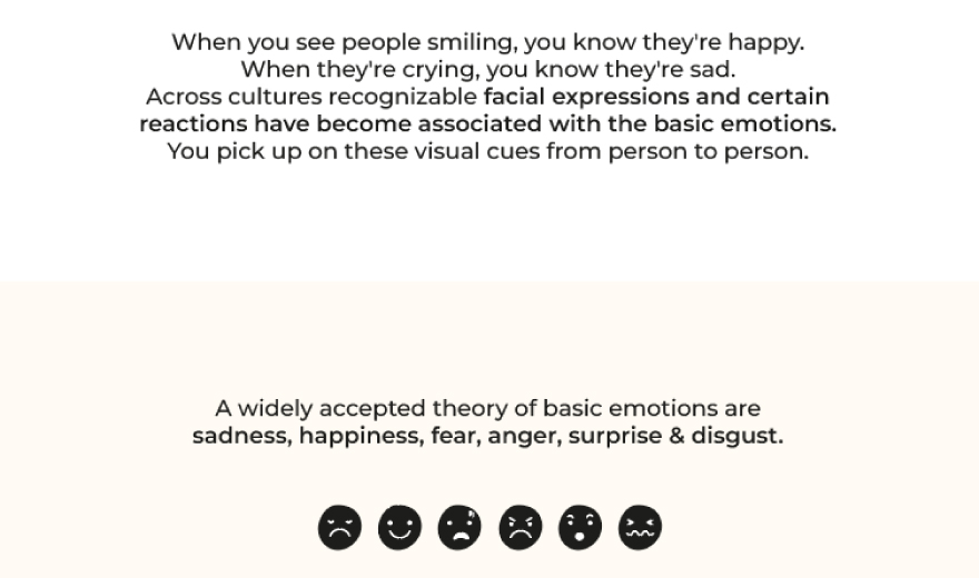 Text explaining basic emotions and facial expressions, with icons for sadness, happiness, fear, anger, surprise, and disgust.