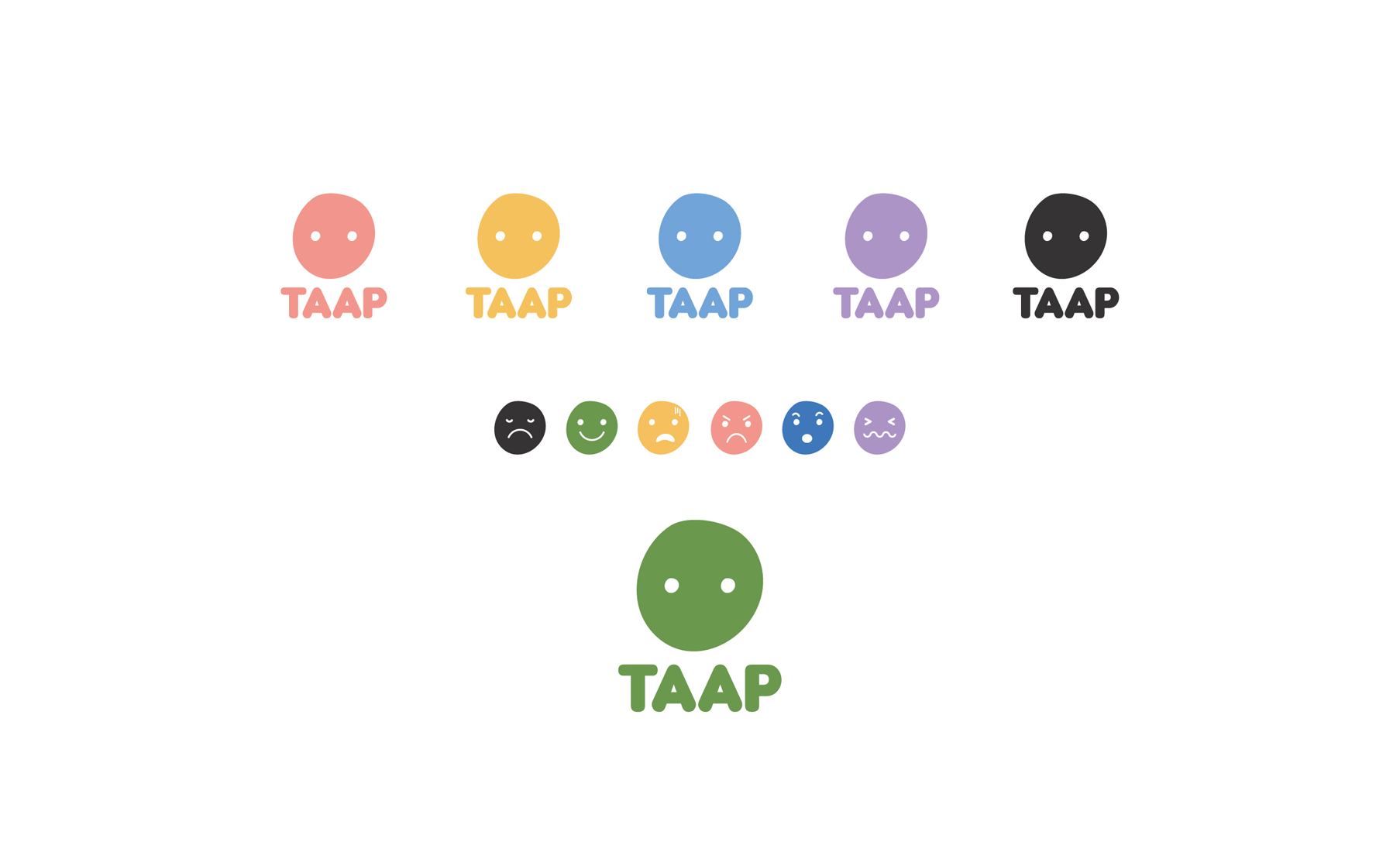 Colorful TAAP emoji icons in various pastel shades, each representing different emotions, arranged on a white background.
