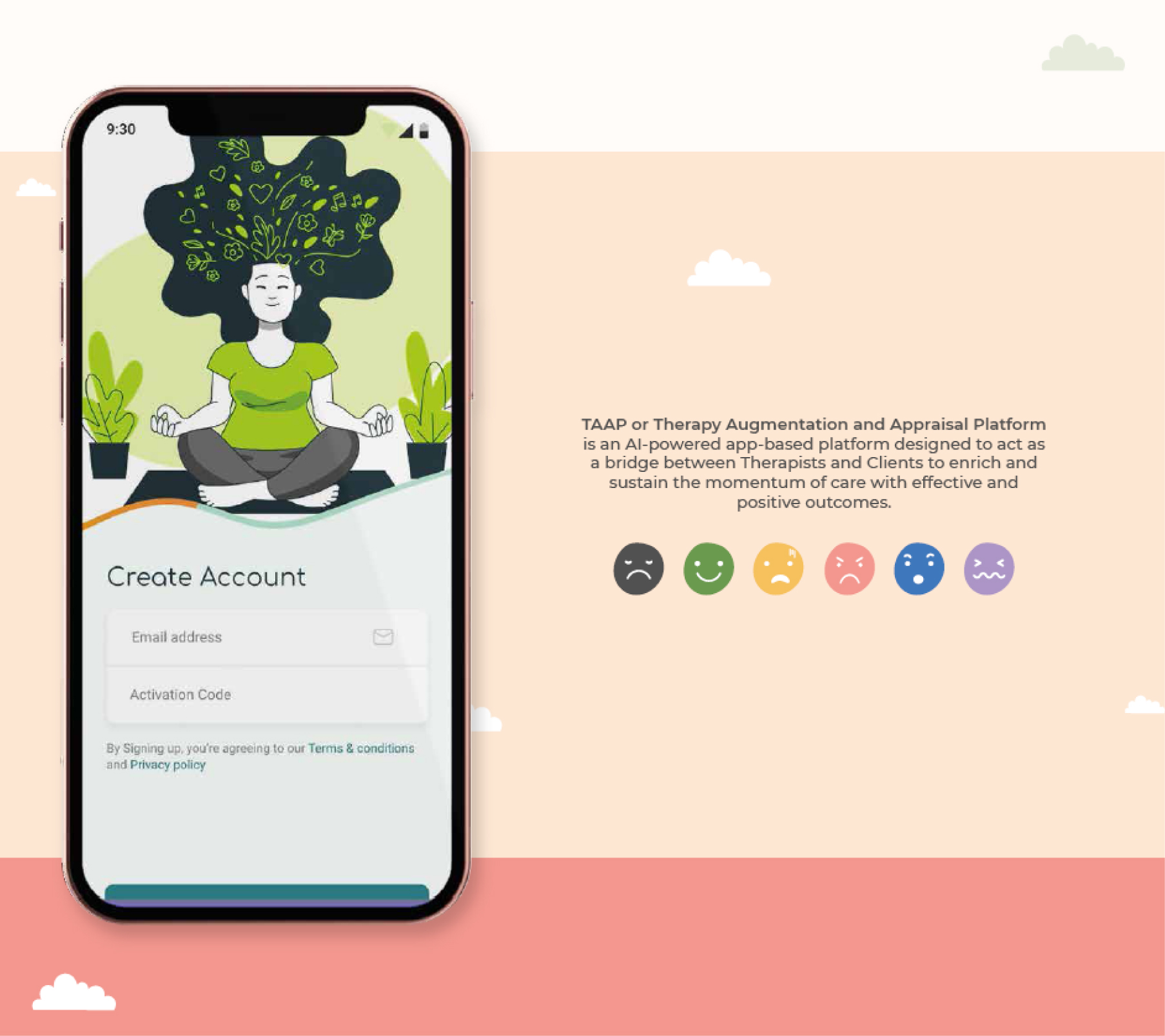 Smartphone displaying a meditation app sign-up screen, with TAAP description and six colorful emotion emojis on a pastel background.