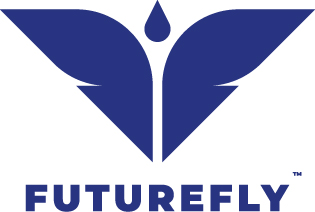 FutureFly logo with stylized blue wing shapes forming butterfly design above bold blue company name text