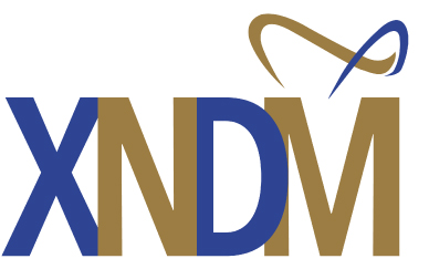 XNDM logo with letters in blue and gold colors, featuring decorative swoosh elements above the text.