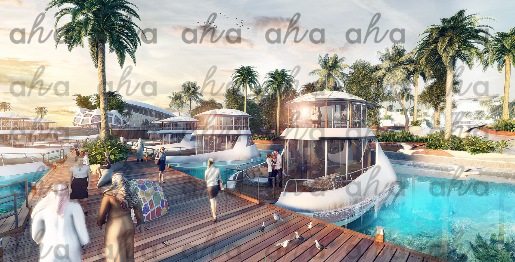 Luxury floating resort concept with modern circular villas and wooden boardwalks, overlaid with "aha" watermark text.