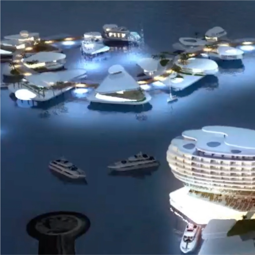 Futuristic floating city with illuminated modern structures, cruise ship, and boats on dark blue water at night.