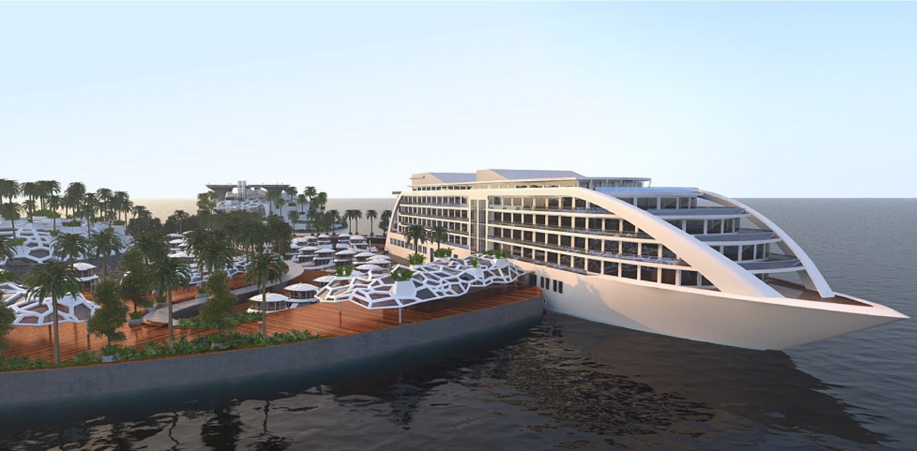 Modern floating resort with curved white buildings, hexagonal canopy structures, palm trees, and docked boats on water.