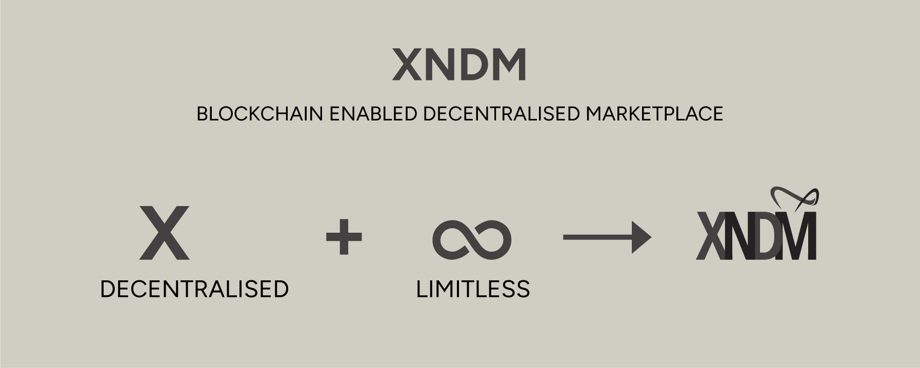 XNDM logo diagram showing "X" (decentralised) plus infinity symbol (limitless) equals XNDM brand concept.
