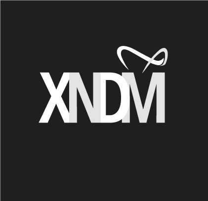 XNDM logo in white letters on black background with curved decorative swoosh elements above.