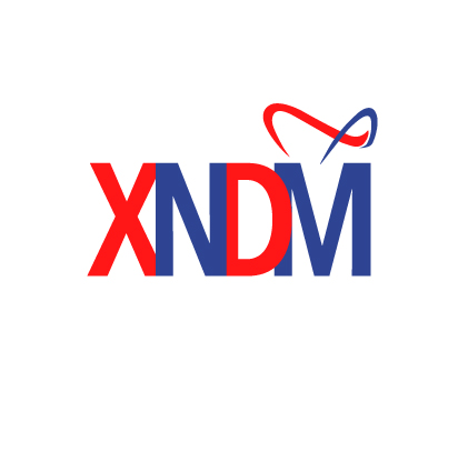 XNDM logo in red and blue letters with decorative curved swoosh elements above on white background.