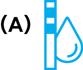 Black (A) text and blue icon of a test strip with a droplet, indicating a diagnostic test or liquid sample.