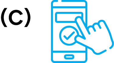 Black (C) text and blue outline icon of a hand interacting with a smartphone app showing a check mark.